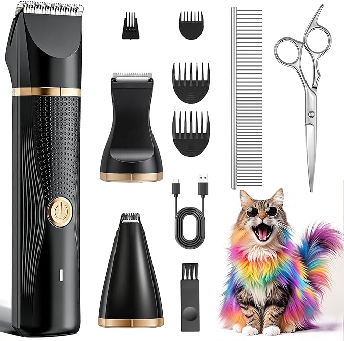 Bautrium Cat Grooming Clippers Kit with Paw Trimmer, 3 in 1 Electric Pet Hair Trimmer Supplies for Thick Matted Hair, Heavy Coat Butt Shaver Cat Razor Fur Trimmer for Dogs at Home (Black)