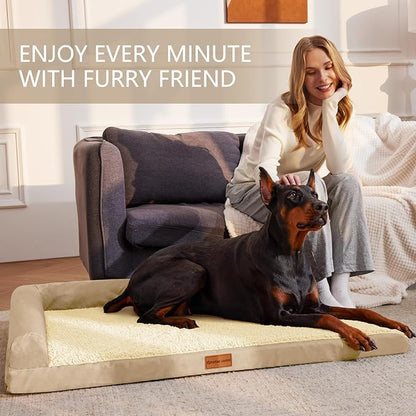 Patas Lague Orthopedic XL Dog Bed Large Sized Dog 48''X30'', Waterproof L Bolster Big Large Pet Sofa Beds with Removable Washable Cover, Soft Comfortable Pet Couch Crate Mat with Nonskid Bottom, Cream