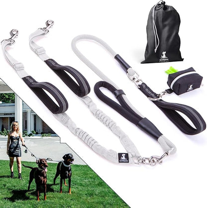 Premium Double Leash for Two Dogs – Shock Absorbing Anti Pull Double Lead for Medium & Large Breeds with Adjustable Dual Leash Attachment for 2 Dogs