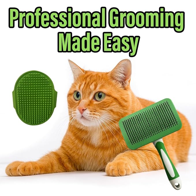 Woofs and Purs 2 Pcs Self Cleaning Slicker Brush & Bath Brush For Dogs and Cats - Skin Friendly Deshedding Dog Brush Suitable For Shedding & Haired Pets, Green