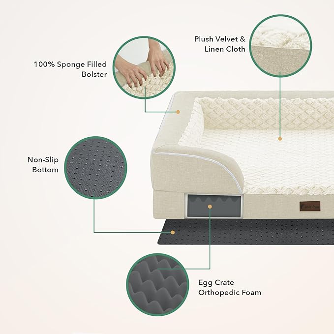 Casa Paw Orthopedic XL Dog Beds, Waterproof Memory Foam Big Pet Bed for Extra Large Sized Dogs 45x35Inch, Non-Slip Bottom and Egg-Crate Foam Dog Couch Bed with Washable Removable Cover, Beige