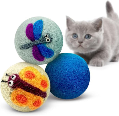 Hustle & Blush Love Ewe Felted Cat Toys 3 Pack - 2 Inch Dragonfly & Butterfly Hand Made Cute & Fun Design Kitten Wool Felt Balls for Indoor Play & Exercise - 100% New Zealand Handmade Felted Balls