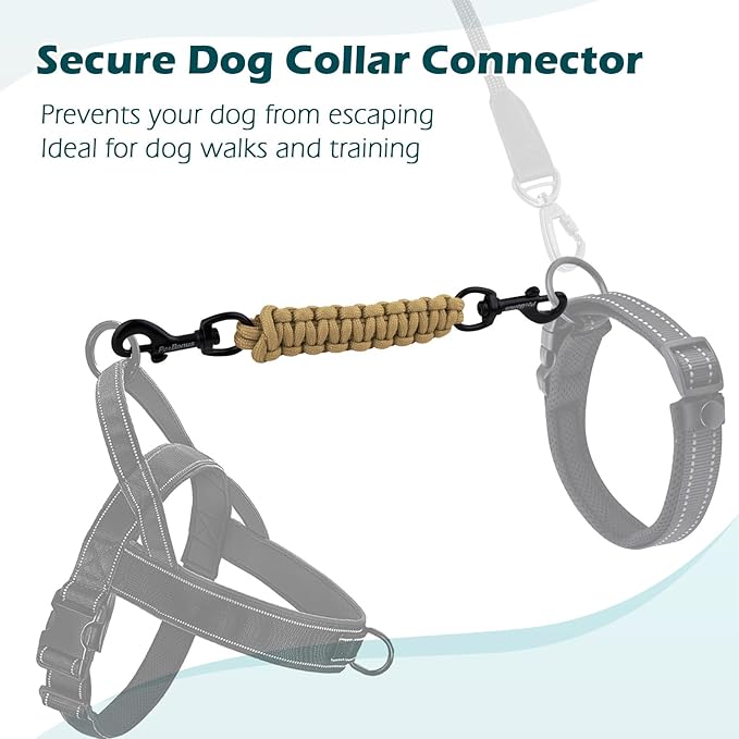 PetBonus Dog Collar Safety Clip, Handmade Backup Safety Strap for Dog Harness, Prong, Pinch Collar, Double Ended Clasp Leash Connector (Tan)