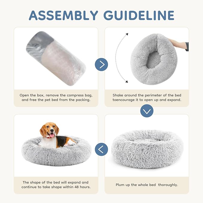 DUMOS 30.7x30.7 Inch Calming Donut Dog Beds for Large Dogs, Machine Washable Cuddler Warming Cozy Fluffy Faux Fur Plush Round Pet Bed Medium Sized Bed for Indoor Dogs and Cats, Grey