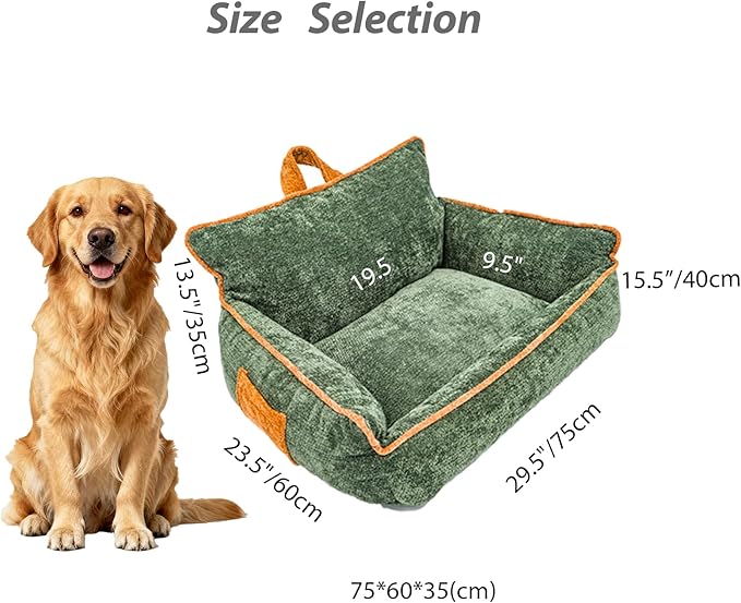 RAFASAFA Large Orthopedic Dog Sofa Bed with Sides, Carry Handle & Side Pockets .Plush Chenille Orthopedic Pet Bed Couch for Large Dogs.Portable Snuggler for Indoor Use, Travel & Recovery (Green)