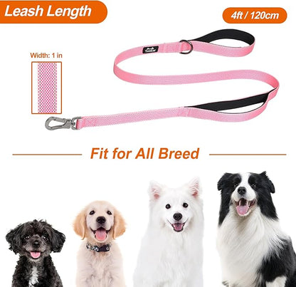 TwoEar 4FT 1IN Strong Pink Dog Leash with 2 Padded Handles, Traffic Handle Extra Control, Comfortable Soft Dual Handle, Auto Lock Hook, Reflective Walking Lead for Small Medium and Large Dogs