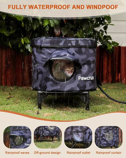 Heated Cat House for Outdoor in Winter, Metal Frame Cat Bed Kitty Shelter with Heating Pad, Insulated & Safe Escape Door & Weatherproof, Warm Home for Outside Stray Cat (Black camo, 16.9"x16.9")