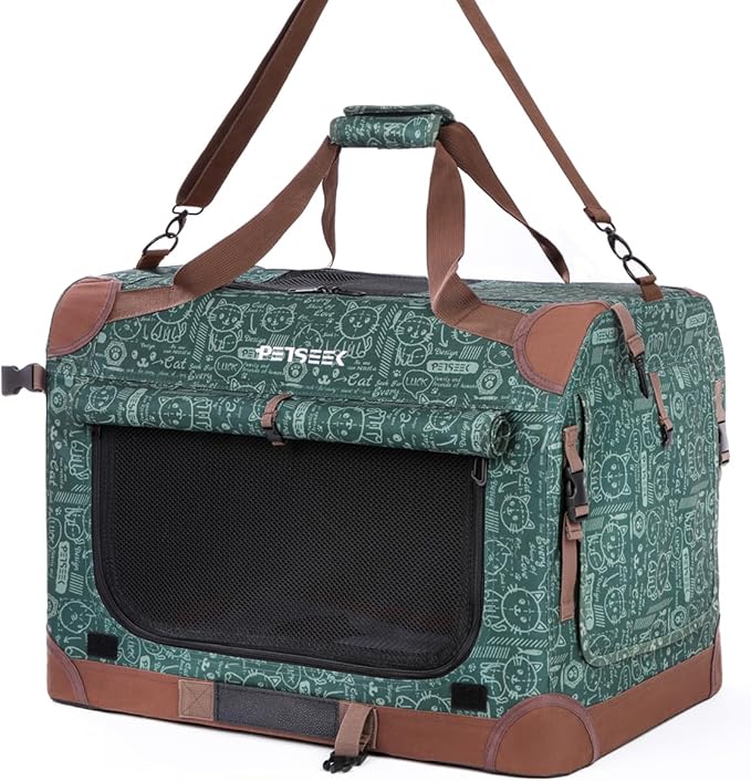 Petseek Extra Large Cat Carrier Soft Sided, Portable Small Dog Carrier for 2 Cats, 24"x16.5"x16" Car Travel Folding Comfortable Design, Green