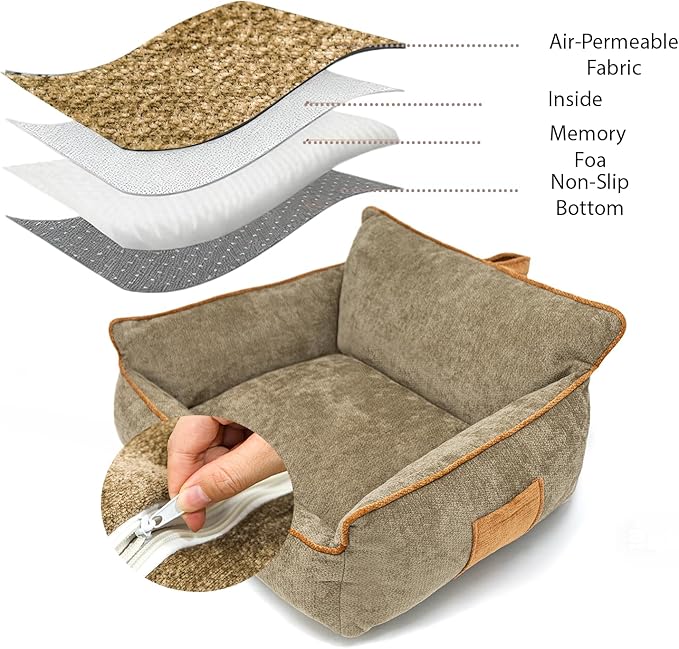 RAFASAFA Large Orthopedic Dog Sofa Bed with Sides, Carry Handle & Side Pockets .Plush Chenille Orthopedic Pet Bed Couch for Large Dogs.Portable Snuggler for Indoor Use, Travel & Recovery(Brown)