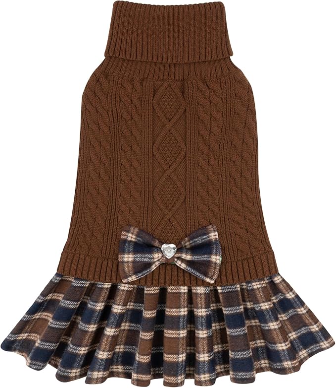 KYEESE Dog Sweater Comfy Dogs Clothes with Bowtie Stretchy Knitwear Pet Sweater Dress Thick Dog Sweaters for Small Dogs Male Warm Pullover Pet Coats, Brown, X-Large