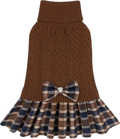 KYEESE Dog Sweater Comfy Dogs Clothes with Bowtie Stretchy Knitwear Pet Sweater Dress Thick Dog Sweaters for Small Dogs Male Warm Pullover Pet Coats, Brown, X-Large