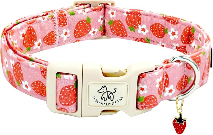 Elegant little tail Dog Collar, Strawberry Pattern Pet Collar Pink Durable Spring Female Spring Collar Adjustable Cotton Pet Collar with Quick Release Buckle for Large Dogs