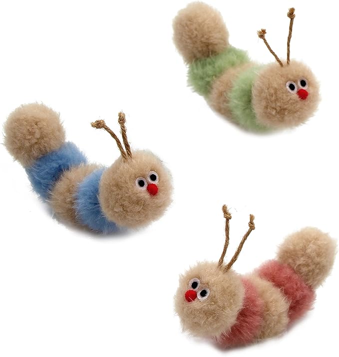 Jumpaws Interactive Natural 3 PK Catnip Toy, with Rattle, Bite Resistant, for All Ages Indoor Cat, Soft Caterpillar Toys, Fluffy Kitten Toy