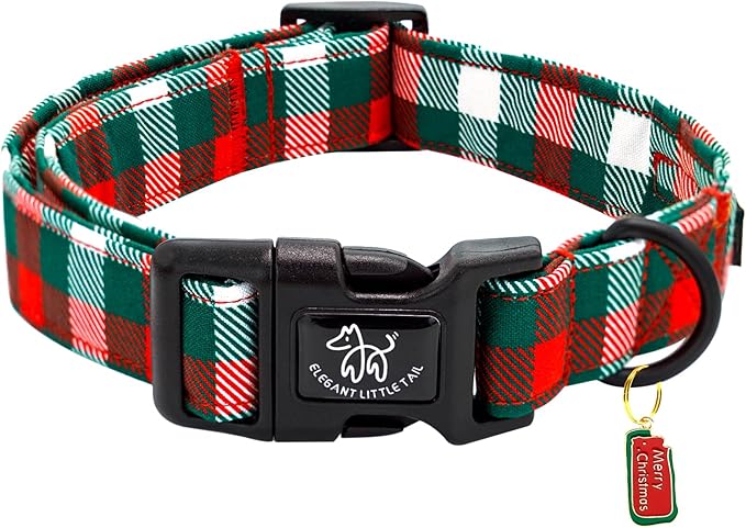 Elegant little tail Christmas Dog Collar, Red and Green Plaid Pet Collar Cotton Soft Winter Dog Collars Holiday with Quick Release Buckle Pet Puppy Collars for Medium Dogs