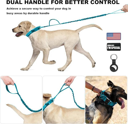 Tactical Dog Collar and Bungee Leash,Military Dog Collar & Leash Set with USA American Flag Adjustable K9 Collar with Heavy Duty Metal Buckle & Handle,with Patches and Airtags Case (Light Blue, L)
