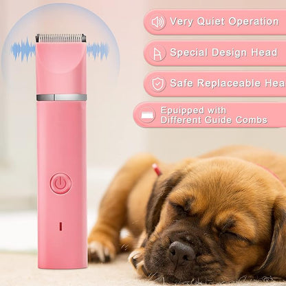 Veeconn Dog Grooming Clippers Kit-Electric Rechargeable Cat Trimmer Tools-Cordless Quiet Pet Nail Paw Grinder-4 in 1 Multifunctional Low Noise Shaver-Razor for feet Face Ears Toenail Eye（Pink）