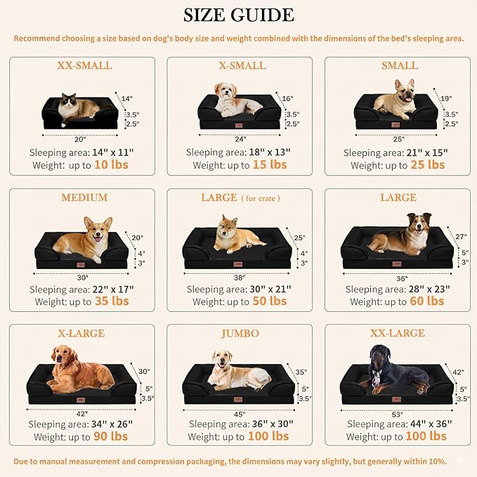 Comfort Expression Orthopedic Dog Bed for Extra Large Dogs 42x30 Inch, Waterproof Supportive Egg Crate Foam XL Pet Bed with Removable Bolsters, Dog Couch with Washable Cover & Non-Slip Bottom, Black