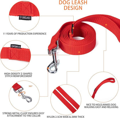 Siumouhoi Strong Durable Nylon Dog Training Leash, 1 Inch Wide Traction Rope, 6 ft 10ft 15ft Long, for Small and Medium Dog (Red, 6 Feet)