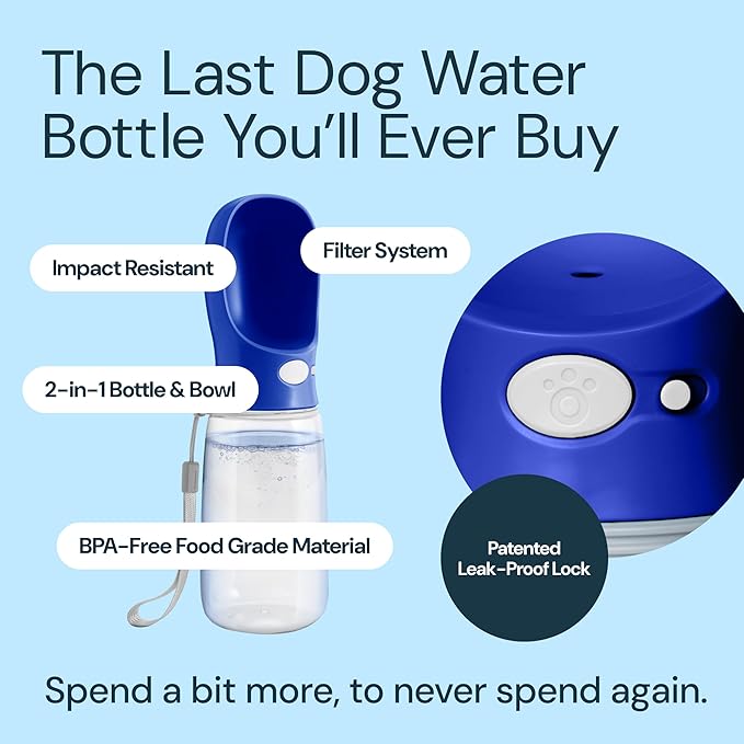 MalsiPree Dog Water Bottle - 12 oz, Navy Blue - Leakproof Pet Water Dispenser - One-Hand Operation & Portable Dog Bowl - Travel Ready for Hiking & Travel Pet Bowl
