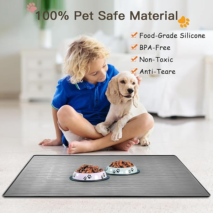 Largest Dog Food Mat, 48"x32" Silicone Dog and Cat Mat for Food and Water Bowls, Thinken Waterproof Non-Slip XXXL Pet Feeding Mat for Floors (Grayish Blue)