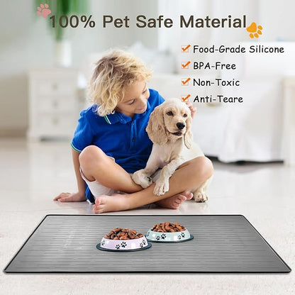 Largest Dog Food Mat, 48"x32" Silicone Dog and Cat Mat for Food and Water Bowls, Thinken Waterproof Non-Slip XXXL Pet Feeding Mat for Floors (Grayish Blue)