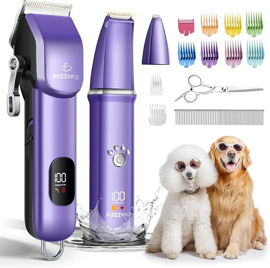 FuzzyFix Dog Grooming Kit, Dog Clippers for Grooming for Thick Curly Coats, Professional Pet Hair Shaver Paw Trimmer Cordless Rechargeable Low Noise for Dogs Cats Animals Face Ear