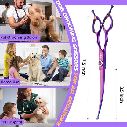 JASON Dog Scissors for Grooming - 7.5" Curved Scissors for Dog Grooming with Round Tips, Japanese 440C Stainless Steel Curved Shears with Diamond Adjustable Screw Christmas Gift