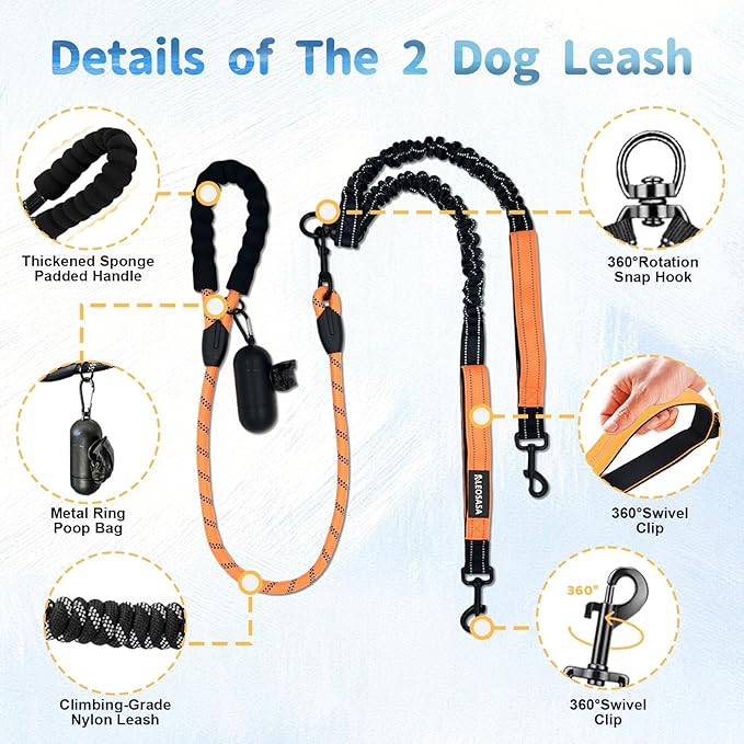 Double Dogs Leash - Removable Main Lead Rope with Splitter, No Tangle 2 Dog Coupler, Reflective No Pull Bungee, 3 Handle, D-Ring, Extra Long for Walk Train Medium Large Two Pet (Orange)