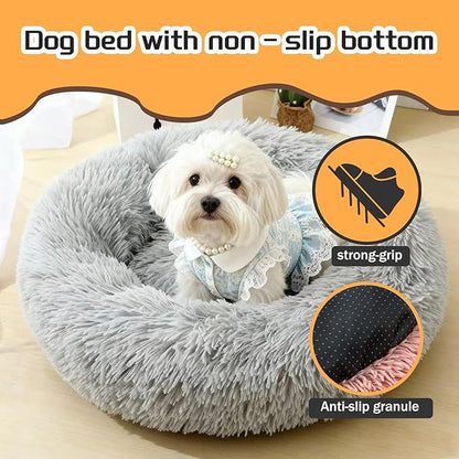 Comfort Donut Dog Bed for Small Dogs, Cat Bed & Pet Bed for Indoor Use, Medium Size with Soft Plush, Round Dog Beds for Large Dogs and Cats (Light Gray, 20''Lx20''Wx8''Th)