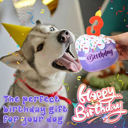 Dog 3rd Birthday Cake Toy Accessories for Girl Boy Gifts, Purple Squeaky Plush Toy for Dog Birthday Party Decor Favor for Large, Medium and Small Dogs