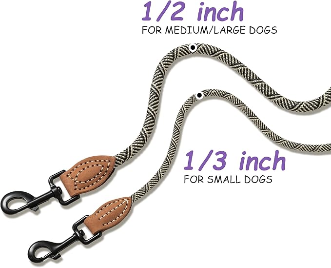 Mile High Life Small Dog Leash, Thin Rope Leash with Genuine Leather Connection and Heavy Duty Metal Clasp, Great for Small Medium Dogs(White,48 Inch-1/3)