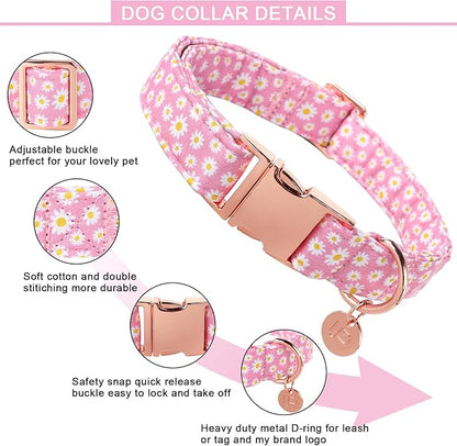 UP URARA PUP Daisy Summer Cotton Dog Collar with Metal Buckle Gift Pink Collar for Small Medium Large Girls or Boys Dogs Cute Durable Comfortable Pet Collars