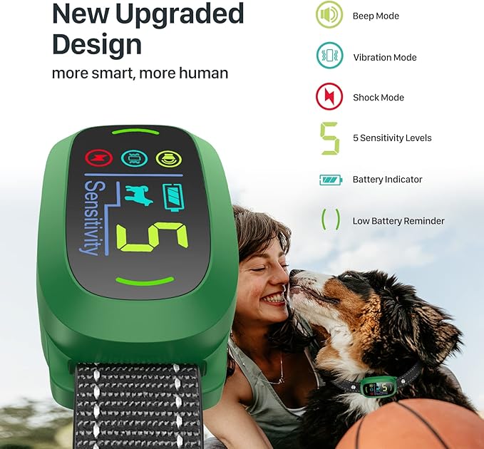 FAFAFROG Bark Collar, Rechargeable Dog Bark Collar with 5 Adjustable Sensitivity and Intensity Beep Vibration, Anti Barking Collar for Small Medium Large Breed Dogs (Green)