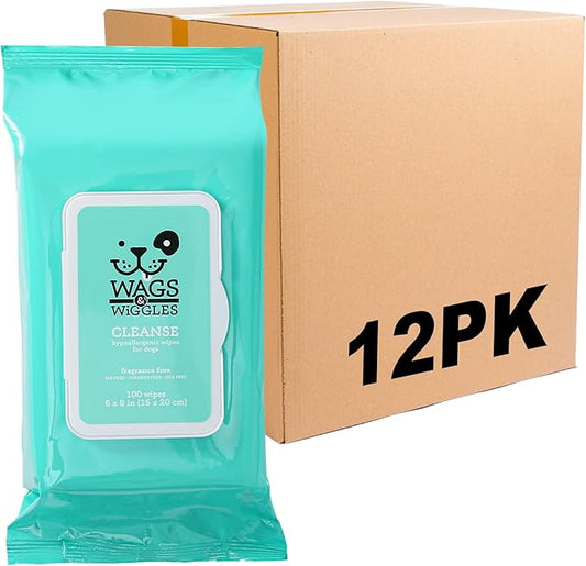Wags & Wiggles Cleanse Hypoallergenic Wipes - Fragrance Free Dog Wipes - Waterless Bathing to Keep Pets with Sensitive Skin Clean, 100 Count - 12 Pack
