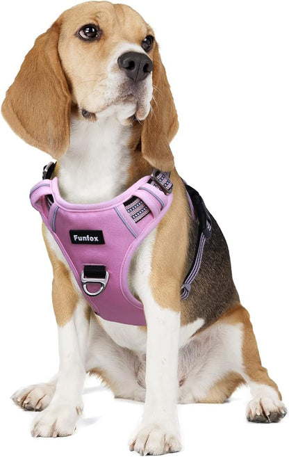 Funfox Dog Harness Medium No Pull, Adjustable 2 Clips Anti-Pull Vest with Practical Handle, Breathable Padded Pet Harness Designed for Small/Large Breeds, Reflective Training Walking Pink M