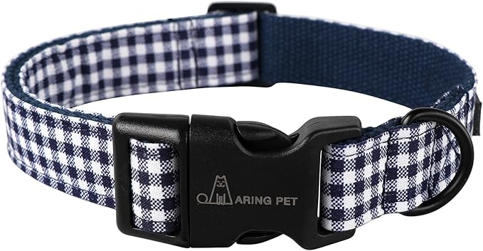 ARING PET Dog Collar, Cute Adjustable Comfortable Cotton Navy White Plaid Pet Collars for Small Medium Large Male Female Boy Girl Dogs-Small