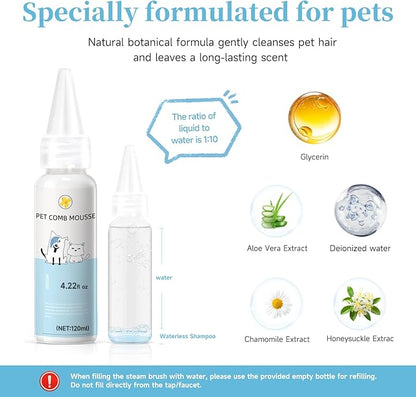 Pet Steam Brush for Dog & Cat – 3-in-1 Spray Hair Removal Comb for Shedding & Grooming, Softens Fur & Reduces Static – Water Brush for Long & Short Coats, Bath-Hating Pets, Includes Waterless Shampoo