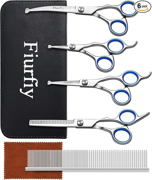 Fiurfiy 6-in-1 Dog Grooming Scissors - Professional Stainless Steel Hair Cutting Kit with Safety Rounded Tips, Ergonomic Soft-Grip Handles for Small & Large Dogs, Cats