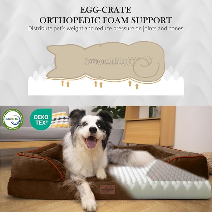 Comfort Expression Orthopedic Dog Bed for Medium Dogs 30x20 Inch, Waterproof Egg Crate Foam Medium Pet Bed with Removable Bolsters, Dog Couch with Washable Cover & Non-Slip Bottom, Dark Brown