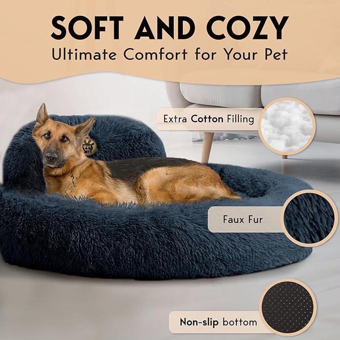 PetJett XL Dog Beds for Large Sized Dog - 45'' Extra Large Dog Bed, Anti-Slip & Washable Super Soft Round Donut Bed, Fluffy Faux Fur Anti-Anxiety Premium Comfort Pet Bed, Fits Dogs up to 120 lbs