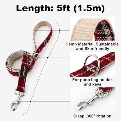 Plutus Pet Cotton Hemp Dog Collar and Leash Set, Adjustable Collar for Small, Medium, and Large Dogs, Heavy Duty and Soft on Skin, Red Plaid, XL