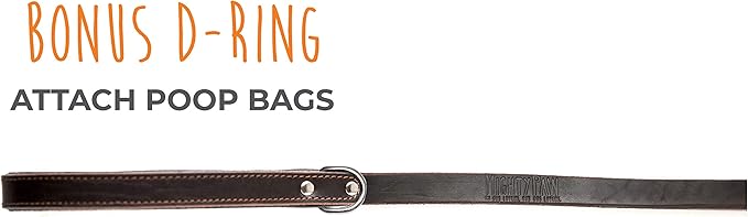 Mighty Paw Leather Dog Leash for Large Breeds - Soft Padded Handle - Extra D-Ring for Waste Bags - Strong Climbers Clip - 6 Ft Dog Leashes for Large Breeds - Leather Lead - Brown