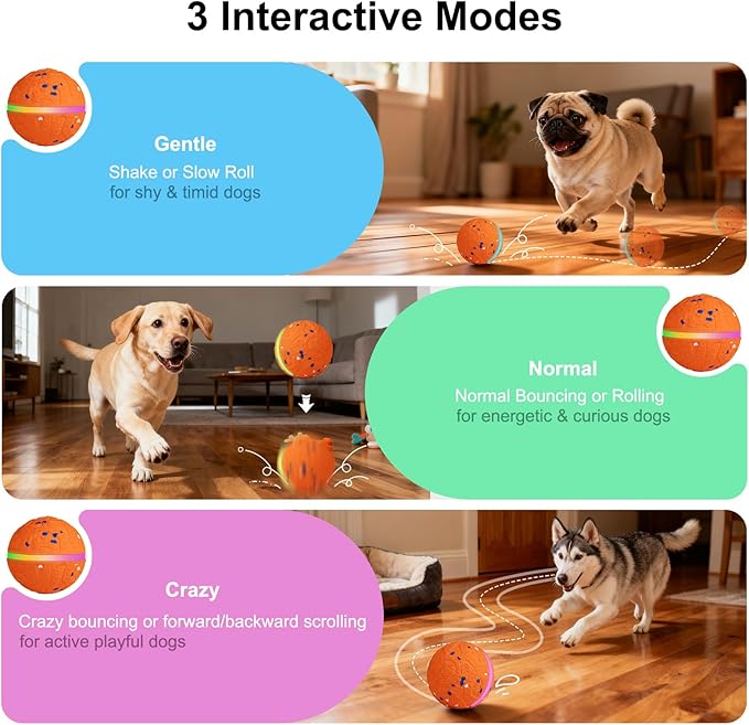 JEISOTHB Interactive Dog Toys Dog Ball, Durable E-TPU Material,3 Play Modes with Colorful Lights, Automatic Moving, Bouncing and Rotating for Medium and Large Dogs Indoor & Outdoor (Orange)