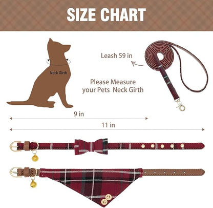 KOOLTAIL Small Dog Collar and Leash Set with Bowtie and Bells - Cute Puppy Bandana Collar and Leash for Female with Classic Plaid Pattern,Soft Leather Tangle Free Leashes for Small Dogs Boys Girls,Red