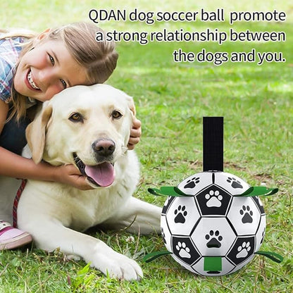 QDAN Large Dog Toys, 8 Inch Soccer Ball for Dogs with Straps, World Cup Interactive Toys for Tug of War, Puppy Birthday Gifts, Water Toy, Durable Dog Balls for Medium Large