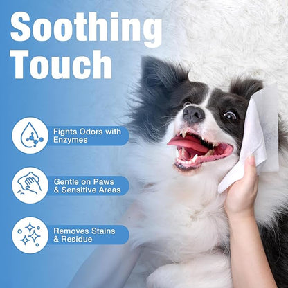 HGHULIAN Dog Wipes and Cat Wipes Unscented with Enzymes to Eliminate Odors Paw Wipes for Muddy Feet Tear Stain Wipes for Eye Gunk Gentle Hypoallergenic for Sensitive Skin 80 Count
