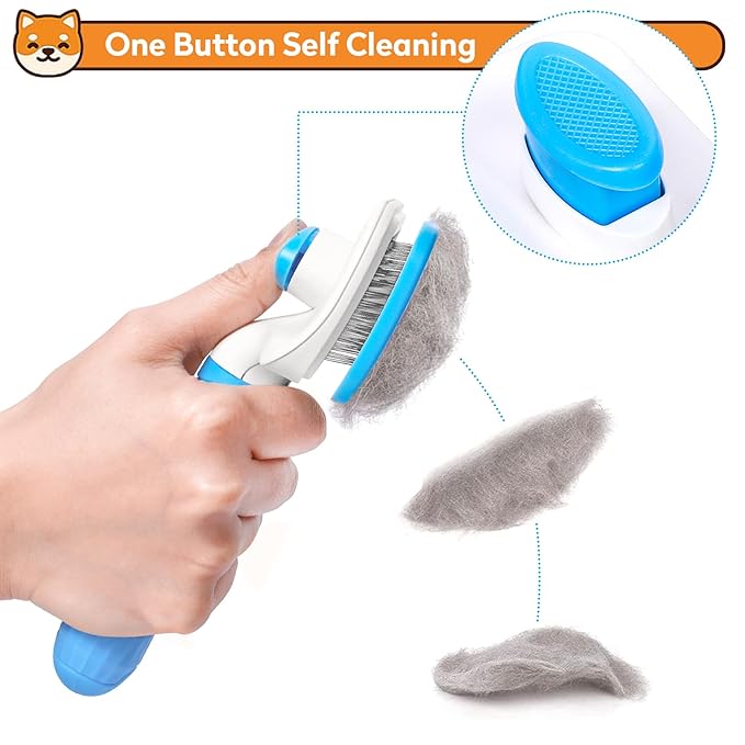 Dog & Cat Brush Kit 2PCS, Self Cleaning Slicker Brush for Pets, Dog Brush for Shedding Massaging and Grooming, Removes Loose Undercoat & Portable Comb for Long Short Haired Dogs(Blue)