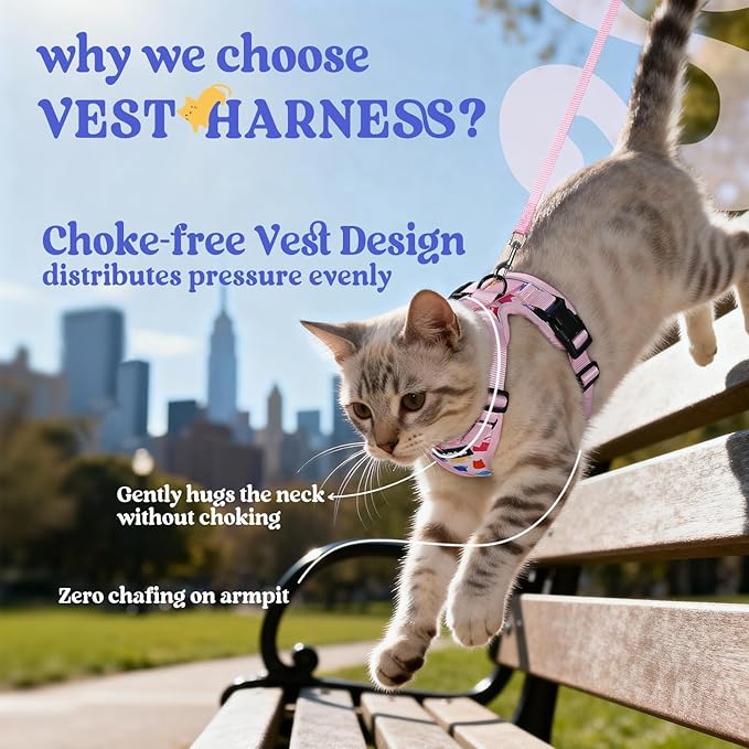 rabbitgoo Cat Harness and Leash for Walking, Escape Proof Soft Adjustable Vest Harnesses for Cats, Easy Control Breathable Reflective Strips Jacket, Purrty Pink, M