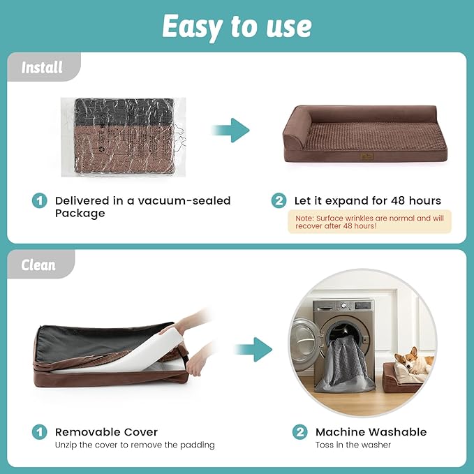 COZY KISS Orthopedic Dog Bed for Medium Small Size Dog, Dogs Crate Bed, L Shaped Foam Anti-Slip Bottom Pet Cat Sofa with Washable Removable Cover, Suitable for Pet Up to 40 lbs, 30x20x6.5 inch, Brown
