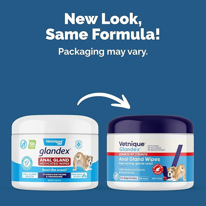 Vetnique Glandex Medicated Dog Butt Wipes or Spray for Dog Scooting - Topical Anti Itch Skin Relief for Soothing Inflamed Anal Glands in Dogs & Cats - Fast Acting Formula 50ct (50ct Wipes)